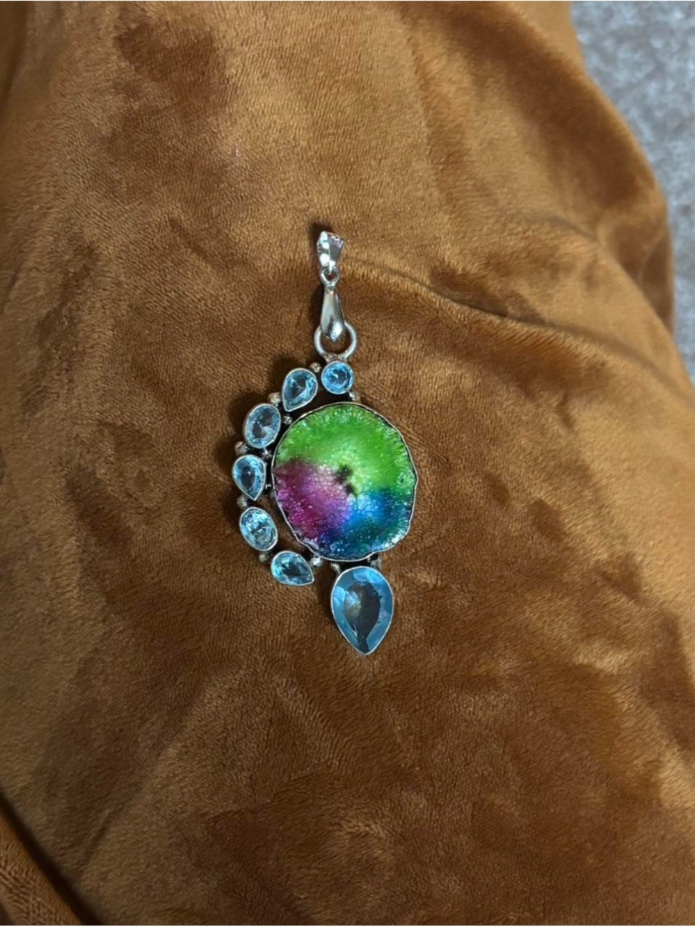 Silver Multicolor Druzy and Blue Crystal Pendant Necklace